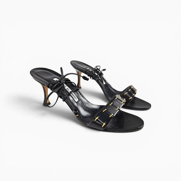 Manolo Blahnik Shoes - Y2k Manolo Blahnik Kitten Heels Strappy Black Leather - Size 35.5 (5)